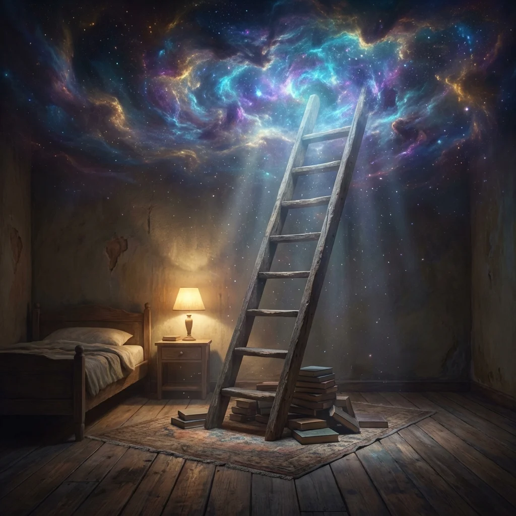 Surreal wooden ladder rising from a dark bedroom into a swirling galaxy nebula
